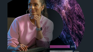 Woman inside geometric shape overlayed with percentage graphs.